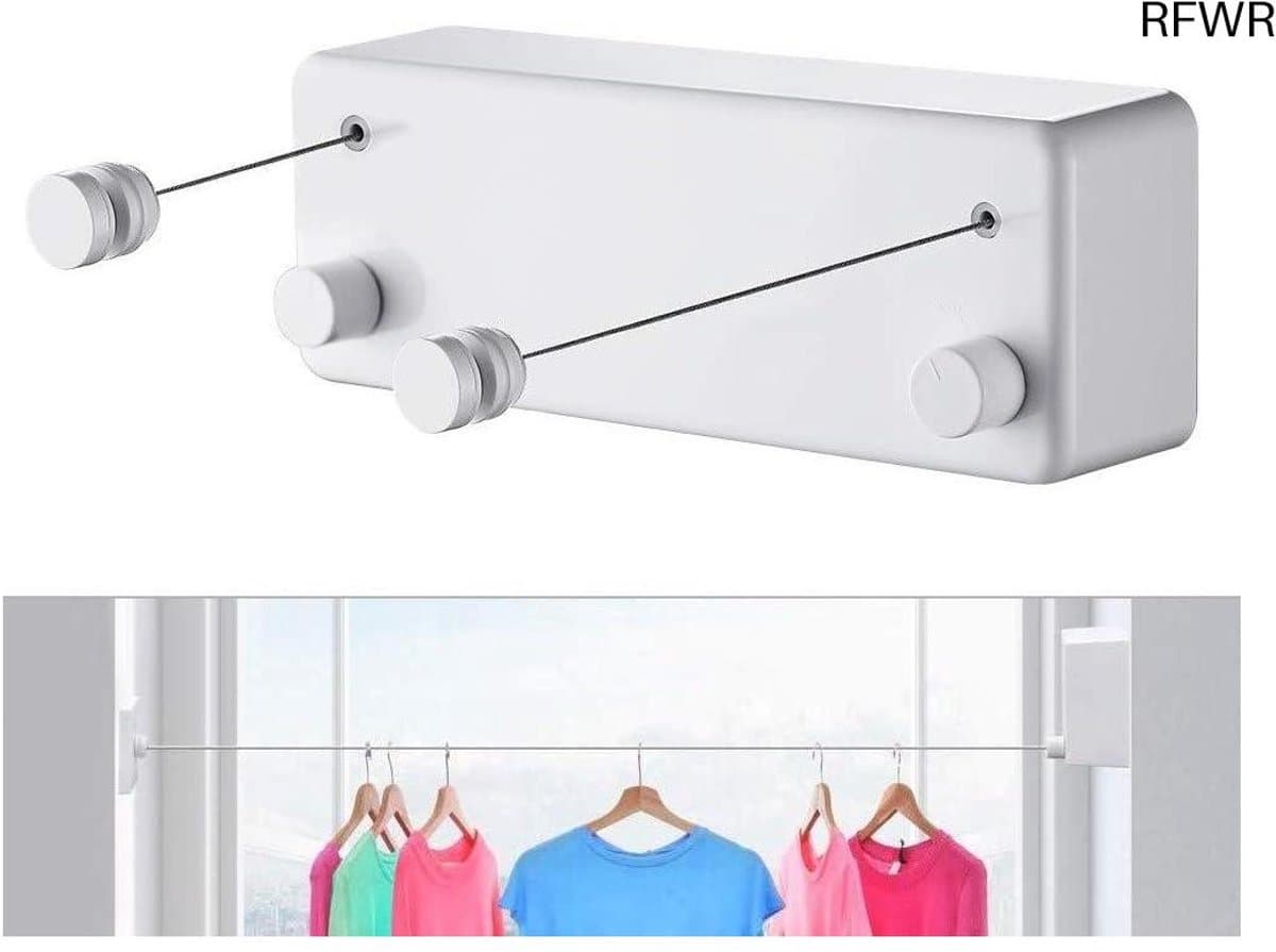 Intrekbare Waslijn - Dubbele Lijn - Kleding Drogen - Zware Draagkracht - 2 x 42m - Wit — afbeelding 1