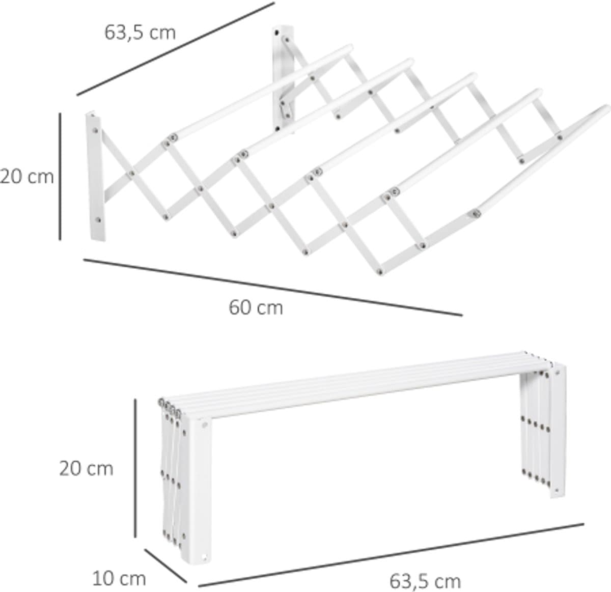 Opvouwbaar Wandwasrek 63,5x60x20cm Wit Metaal Weerbestendig 5 Lijnen tot 10kg Ruimtebesparend voor Terras Badkamer — afbeelding 1