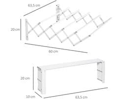 Opvouwbaar Wandwasrek 63,5x60x20cm Wit Metaal Weerbestendig 5 Lijnen tot 10kg Ruimtebesparend voor Terras Badkamer