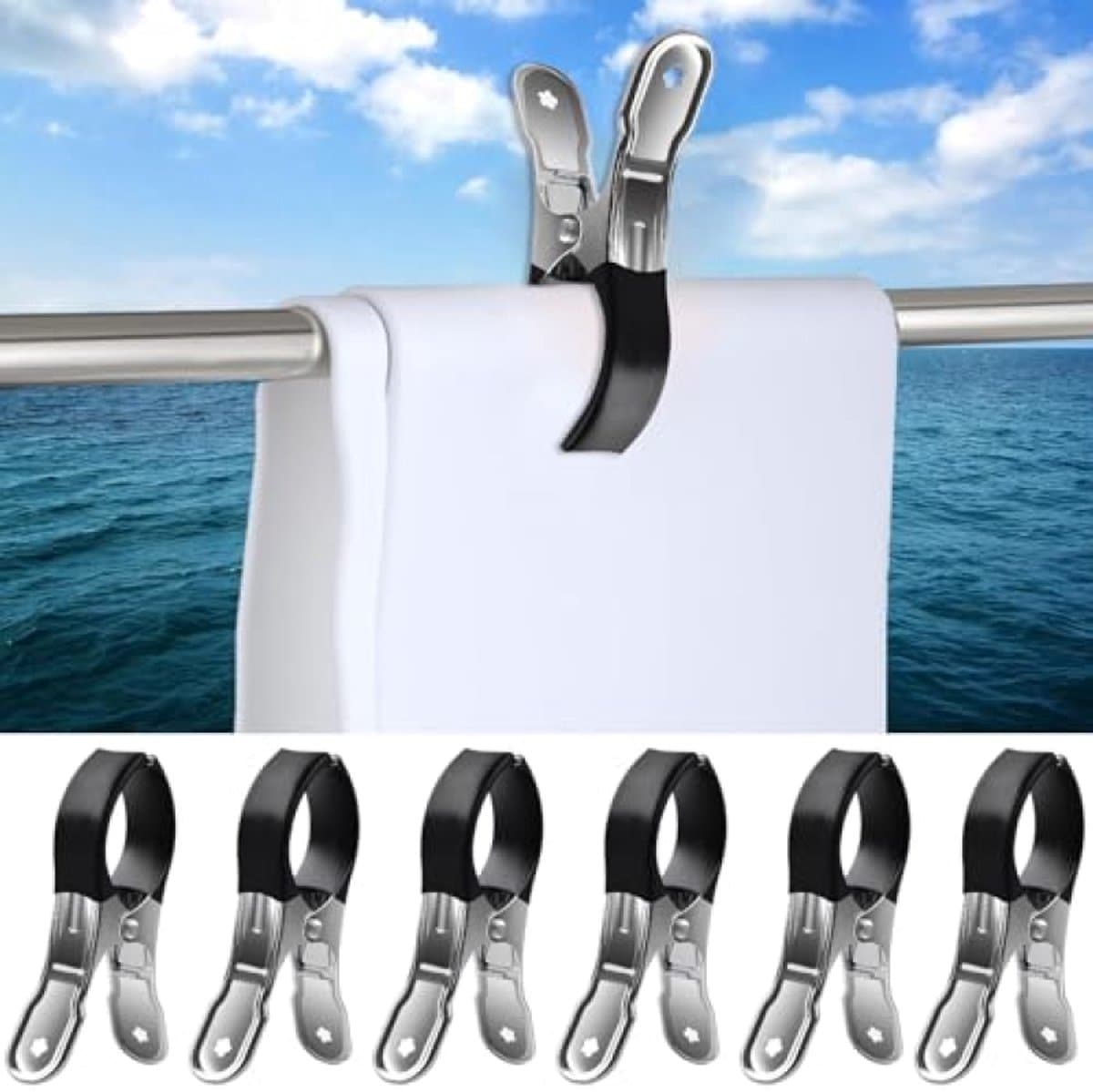 PromoHome 6 stuks handdoekklemmen voor strandstoelen - roestvrij staal - windvaste strandhanddoekclips met beschermhoes - 12 cm — afbeelding 1