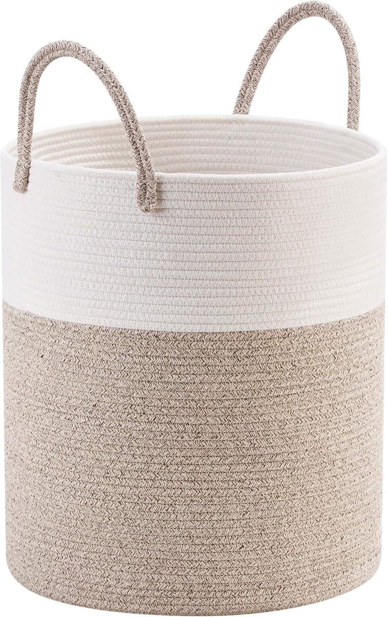 Wasmand - Dekenmand voor de woonkamer - Speelgoedmand - Decoratieve geweven katoenen touwmand - Bruin - 45,72 x 40,64 cm — afbeelding 1