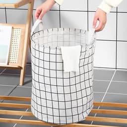 1 stuk - Wasmand - Katoen/linnen wasmand - Opbergemmer - Opbergtas - Opvouwbaar - Katoen/linnen materiaal - Waterdicht - Geschikt voor het opbergen van vuile kleding, speelgoed en huishoudelijke artikelen - 43*35 cm - Wit raster — thumbnail 5
