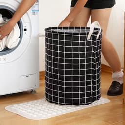 1 stuk - Wasmand - Katoen/linnen wasmand - Opbergemmer - Opbergtas - Opvouwbaar - Katoen/linnen materiaal - Waterdicht - Geschikt voor het opbergen van vuile kleding, speelgoed en huishoudelijke artikelen - 43*35 cm - Zwart raster — thumbnail 5