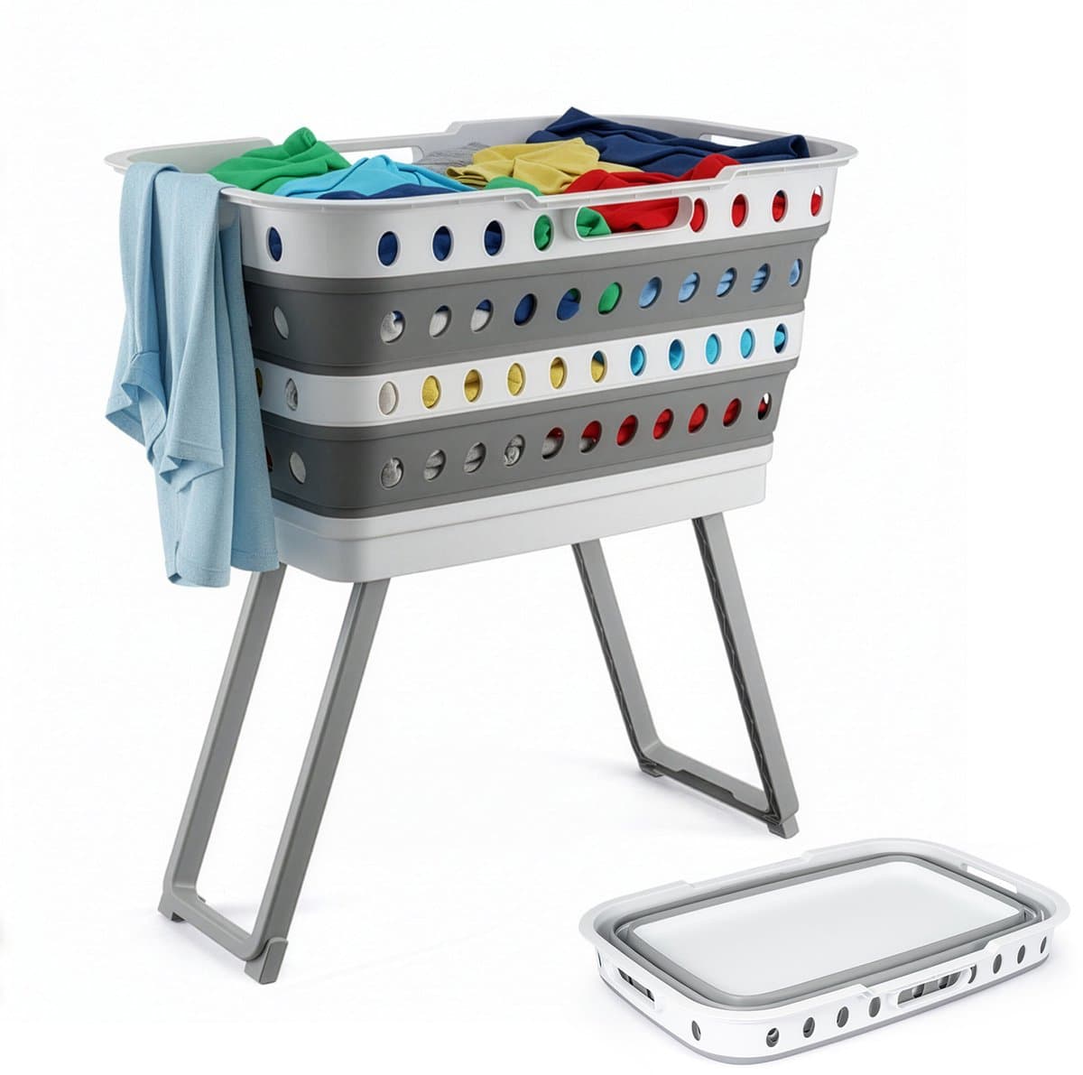 Opvouwbare Wasmand met Wielen en Poten – Grote Capaciteit Wasbox Inklapbaar met Rem & Handgrepen – Grijs — afbeelding 1
