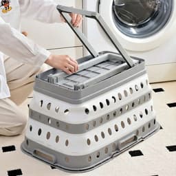 Opvouwbare Wasmand met Onderstel XL - 65L - Vrijstaande Wasmand - Ruimtebesparend - Grijs/Wit - Wasmand — thumbnail 2
