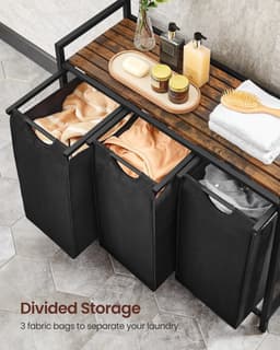 ByRoos Meubilair - Wasmand - 3 Vakken - Sorteer Wasmand - Witte Was / Gekleurde Was / Zwarte Was - Bank - Badkamermeubel - Badkamerbankje - Badkamerbank Met Opberg - Zwart Frame - Stoffen Zakken - Zwart - Bruin - Wit — thumbnail 3