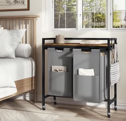 J&R Wasmand kastje - Wasmand met 2 vakken - Wassorteerder - Wasmand tafel - Waszak - Badkamerkast - Wasmand meubel - Wasmand rek - Dark brown - Zwart metaal — thumbnail 3