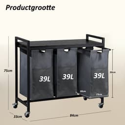 CALIYO Wasmand 3 Vakken - Wassorteerder - Uitschuifbaar - Eenvoudige Montage - 84 x 33 x 75 cm - 117L Capaciteit - 3 Zakken - Bruin Hout - Zwart Metaal - Wasmanden - Wasbox — thumbnail 4