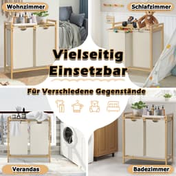 Wasmand van bamboeframe, 2 vakken, 36 l, 73 x 64 x 33,5 cm, wasverzamelaar met plank, waszak van Oxford-weefsel, wassorteerder, hout, waszakken voor bijkeuken, slaapkamer, beige — thumbnail 5