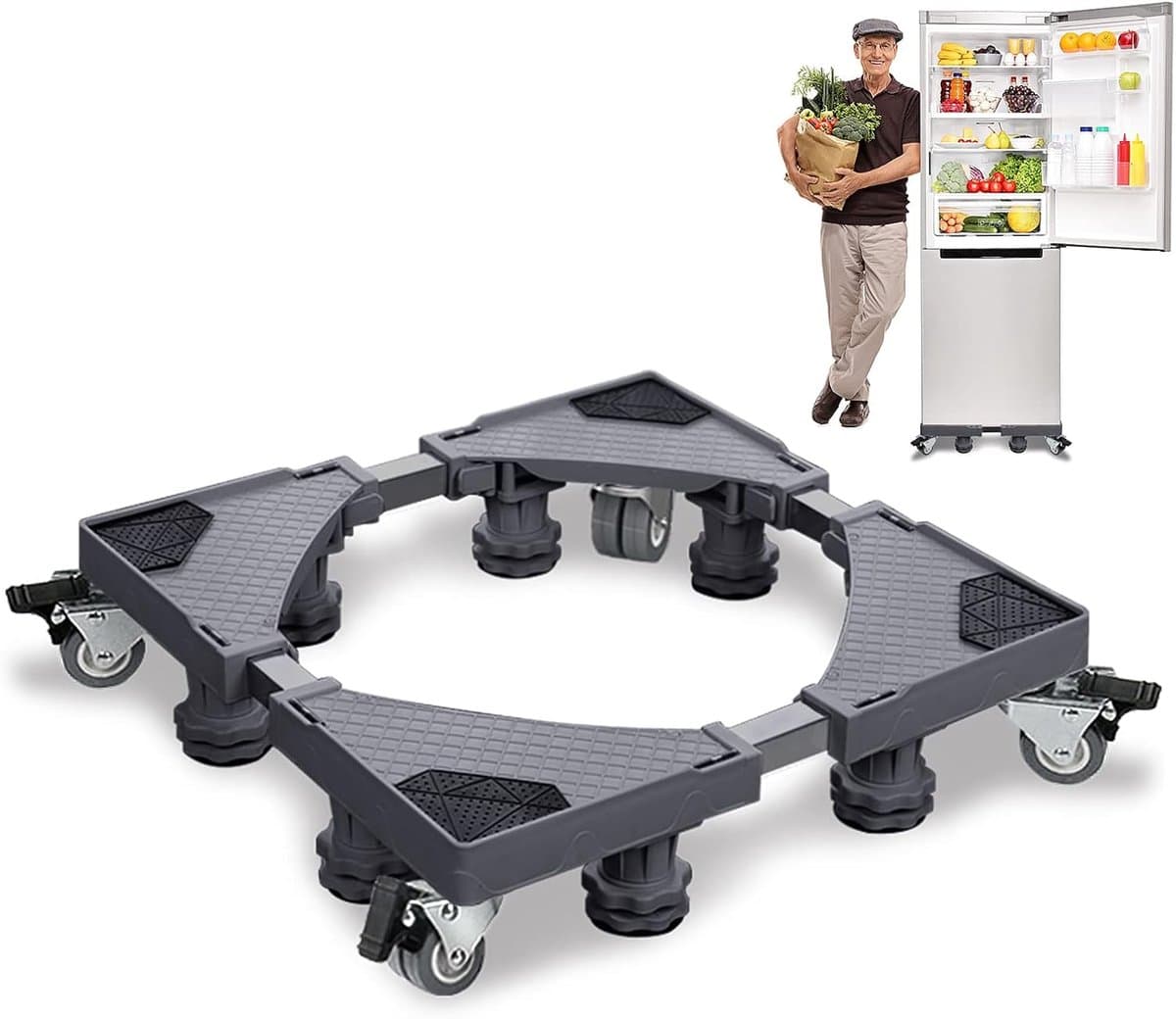 Aufun Verstelbare wasmachine basis 8 voet met rolwagen verplaatsbare voetstukken en frame voor wasmachine, droger, koelkast (grijs) — afbeelding 1