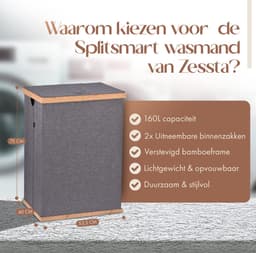 Zessta® Wasmand 2 Vakken - Wasmand met deksel - Wasmand - Wassorteerder - Opvouwbaar - Inklapbaar - 160L - Grijs - Bamboe — thumbnail 3
