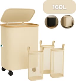 AKSA Home® Wasmand met Wieltjes - Wassorteerder met 3 vakken - Wasmand Opvouwbaar met Deksel - 160L - Beige/Creme — thumbnail 1