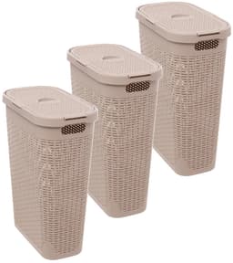 5Five Smalle Wasmand met deksel Rotan - 3x - beige - gevlochten kunststof - 40 liter - 26 x 46 x 60 cm — thumbnail 1