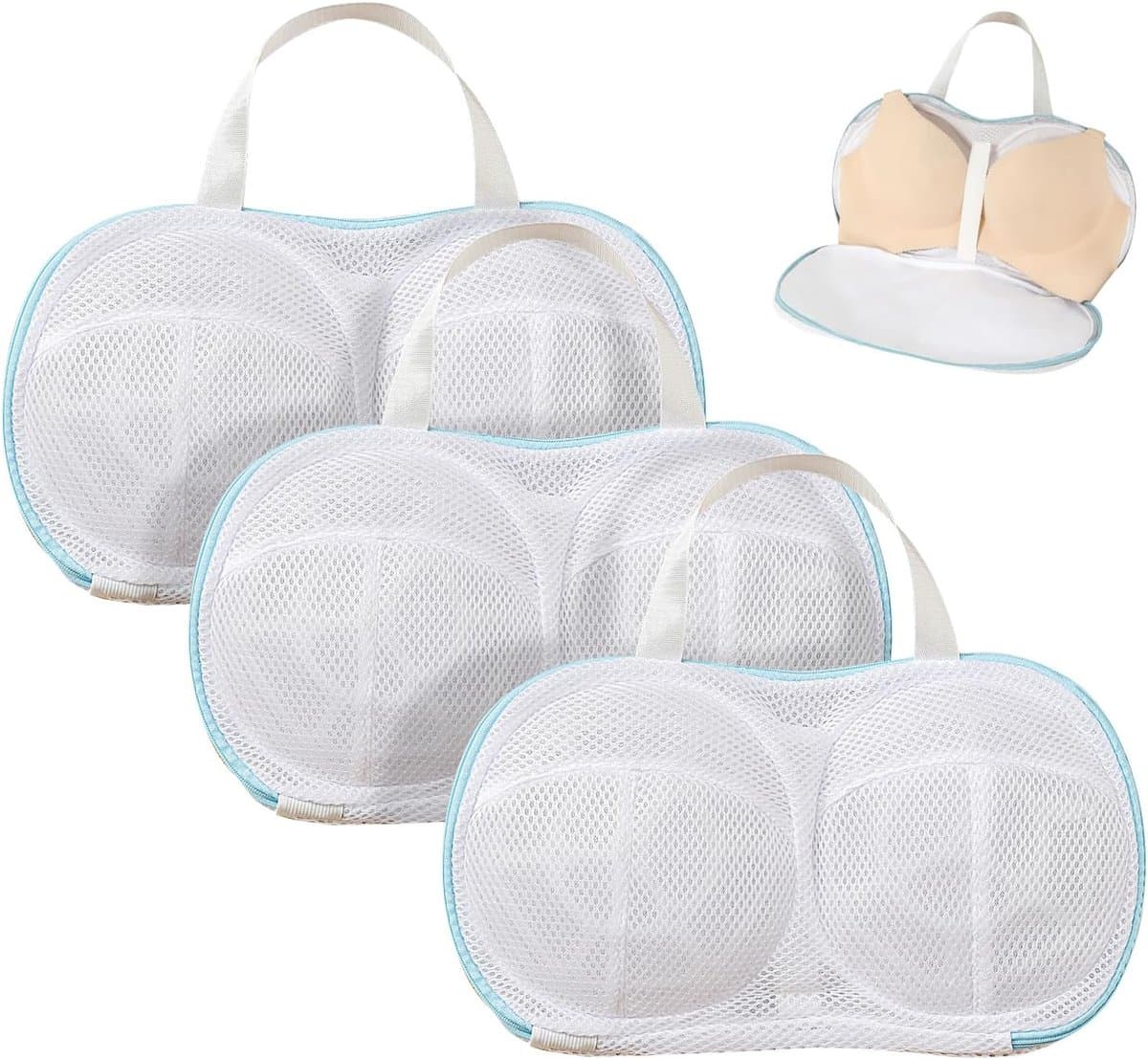 3 stuks - BH-waszak - Bh Wasnetje Voor Wasgoed - Waszakje Lingerie - waszak van netstof - waszak met 3D-ondersteuning - herbruikbare - waszak van netstof voor BH's - waszak van netstof met rits voor BH-was - blauw - 34*20 cm — afbeelding 1
