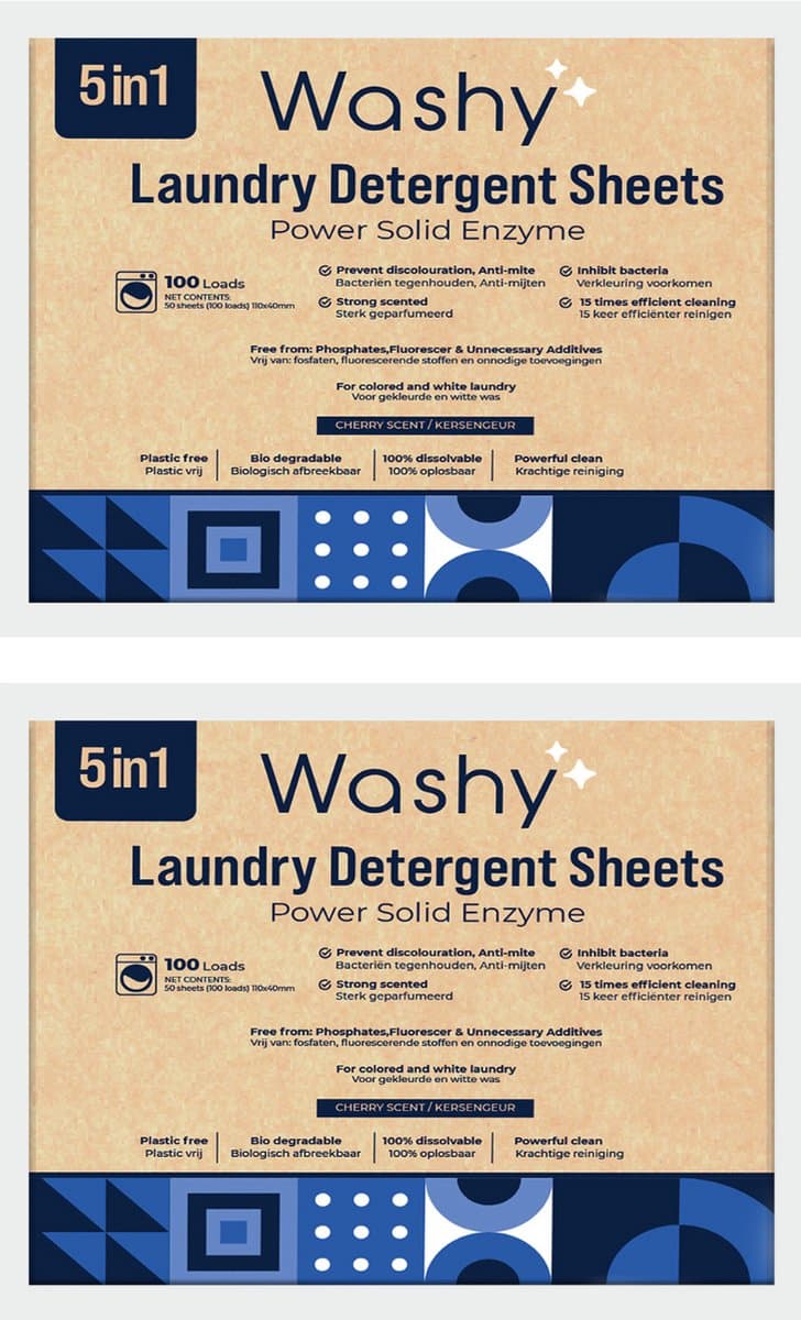 Washy Wasstrips Kersengeur 2X- Wasmiddeldoekjes voor Witte, Gekleurde en Zwarte Was - Wasmiddel Strips - Eco Wasmiddel Vellen - Duurzame Laundry Strips (200 wasbeurten) — afbeelding 1