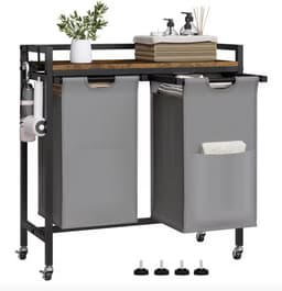 Varnox Wasmand kastje - Wasmandkastje - Tafel met wasmand - Wasmand met 2 vakken - Wassorteerder - Wasmand tafel - Waszak - Badkamerkast - Wasmand meubel - Wasmand rek - Dark oak - Op wielen - Zwart metaal — thumbnail 1