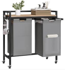 Varnox Wasmand kastje - Wasmandkastje - Tafel met wasmand - Wasmand met 2 vakken - Waszak - Wassorteerder - Wasmand tafel - Badkamerkast - Wasmand meubel - Wasmand rek - Light oak - Op wielen - Zwart metaal — thumbnail 1
