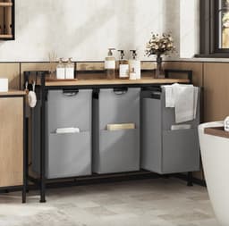 Varnox Wasmand kastje - Wasmandkastje - Tafel met wasmand - Wasmand met 3 vakken - Wassorteerder - Wasmand tafel - Badkamerkast - Wasmand meubel - Waszak - Wasmand rek - Light oak - Op wielen - Zwart metaal — thumbnail 2