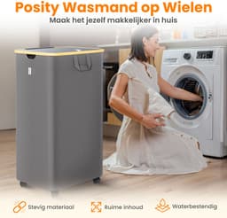 Posity Wasmand op Wielen – 100 Liter – Opvouwbaar – Met Deksel & Handvaten – Wasmand Stof - Bamboe - Laundry Basket - Incl. Waszak - Grijs — thumbnail 2