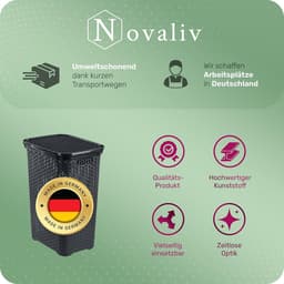 Novaliv 3-delige rotan wasmand met deksel 60L zwart, wasboxset wasemmer wascontainer modern voor badkamer was vuile was, wasmanden vuile wascontainer verzamelmand — thumbnail 2