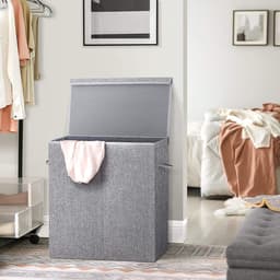 wasmand 142 L, waszak van imitatielinnen, wassorteerder, waskist met aparte vakken, magnetische deksel en handvatten, opvouwbaar, waszak afneembaar, grijs LCB02G — thumbnail 4
