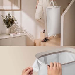 Wasmand 56 x 47 x 75 cm Beige Inhoud van 160 liter Ontwerp met twee gescheiden vakken Met 2 afneembare binnenzakken deksel en handvat Waterafstotend en gemakkelijk te reinigen Opvouwbaar op te bergen Geschikt voor slaapkamer badkamer en wasruimte — thumbnail 5