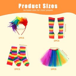 4 stuks regenboog dameskostuum, carnaval regenboog kostuum dames, met regenboog tule rok, kleurrijke veren hoofdband, regenboog-kniekousen, vingerloze handschoenen, voor carnaval, cosplay — thumbnail 3