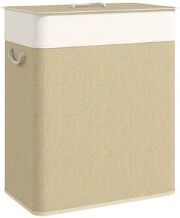 REDOM - Wasmand - 100 L inhoud - 2 vakken - Deksel en uitneembare waszak - Bamboe en metalen frame - Wit - 52 x 32 x 63 cm — thumbnail 2
