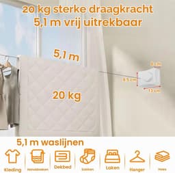 Uittrekbare Waslijn - Wit - 5,1 m - Roestvrijstalen Touw - Voor Binnen en Buiten — thumbnail 3