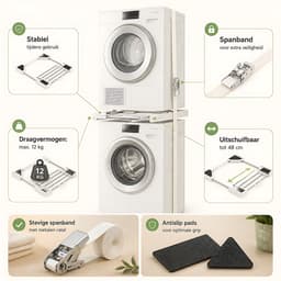 Universele Wasmachine Droger Stapelset - Verbindingsset voor Wasmachine en Wasdroger - Ruimtebesparende Stapelkit met Spanband en Antislip Pads - Geschikt voor Apparaten van 46 tot 66 cm Breed en Diep - Wit — thumbnail 3