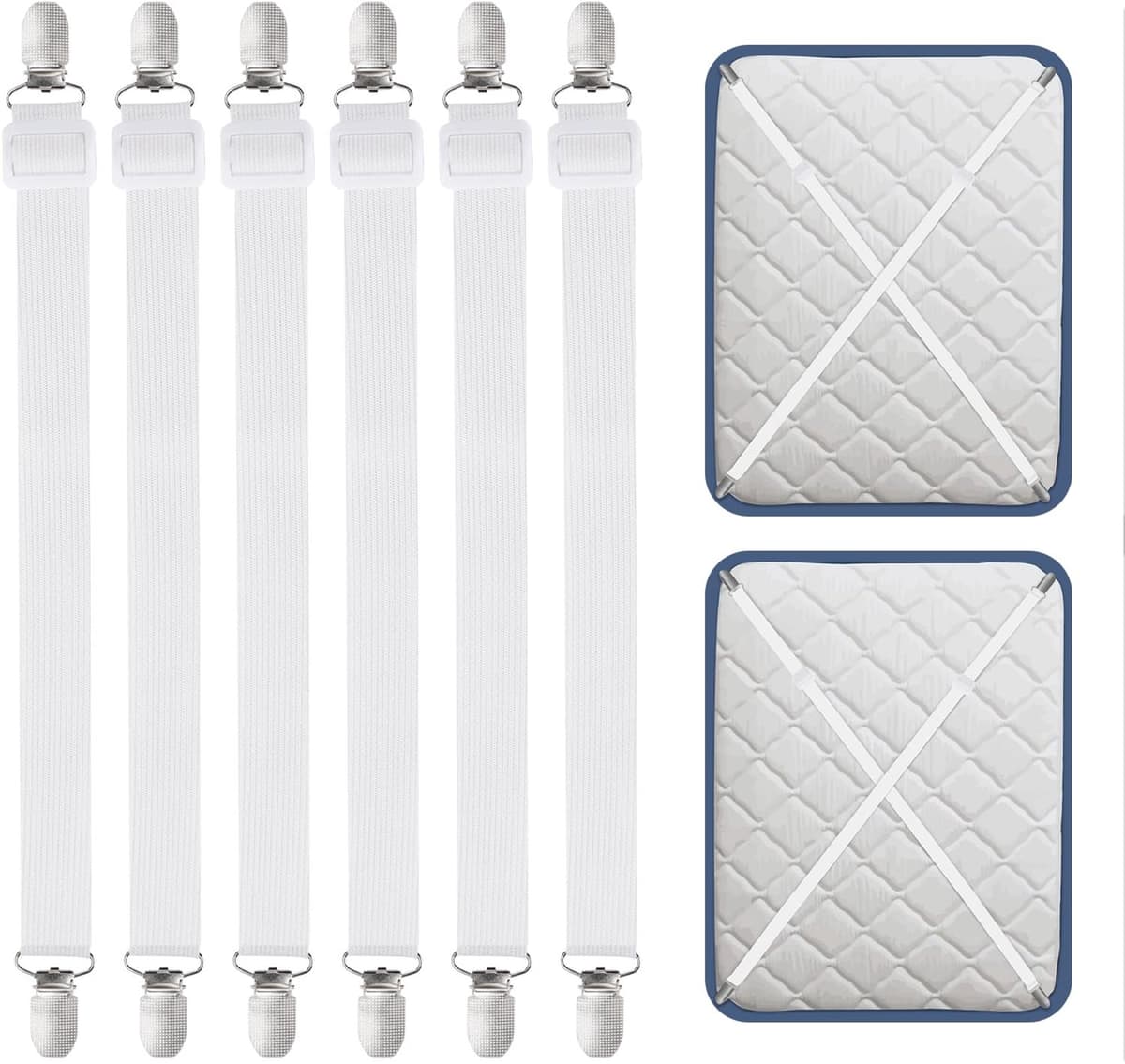 Bettlakenspanners - Verstelbaar van 55 tot 250 cm - Voor beddengoed, matras, strijkplank of bank - 6 stuks - Wit — afbeelding 1