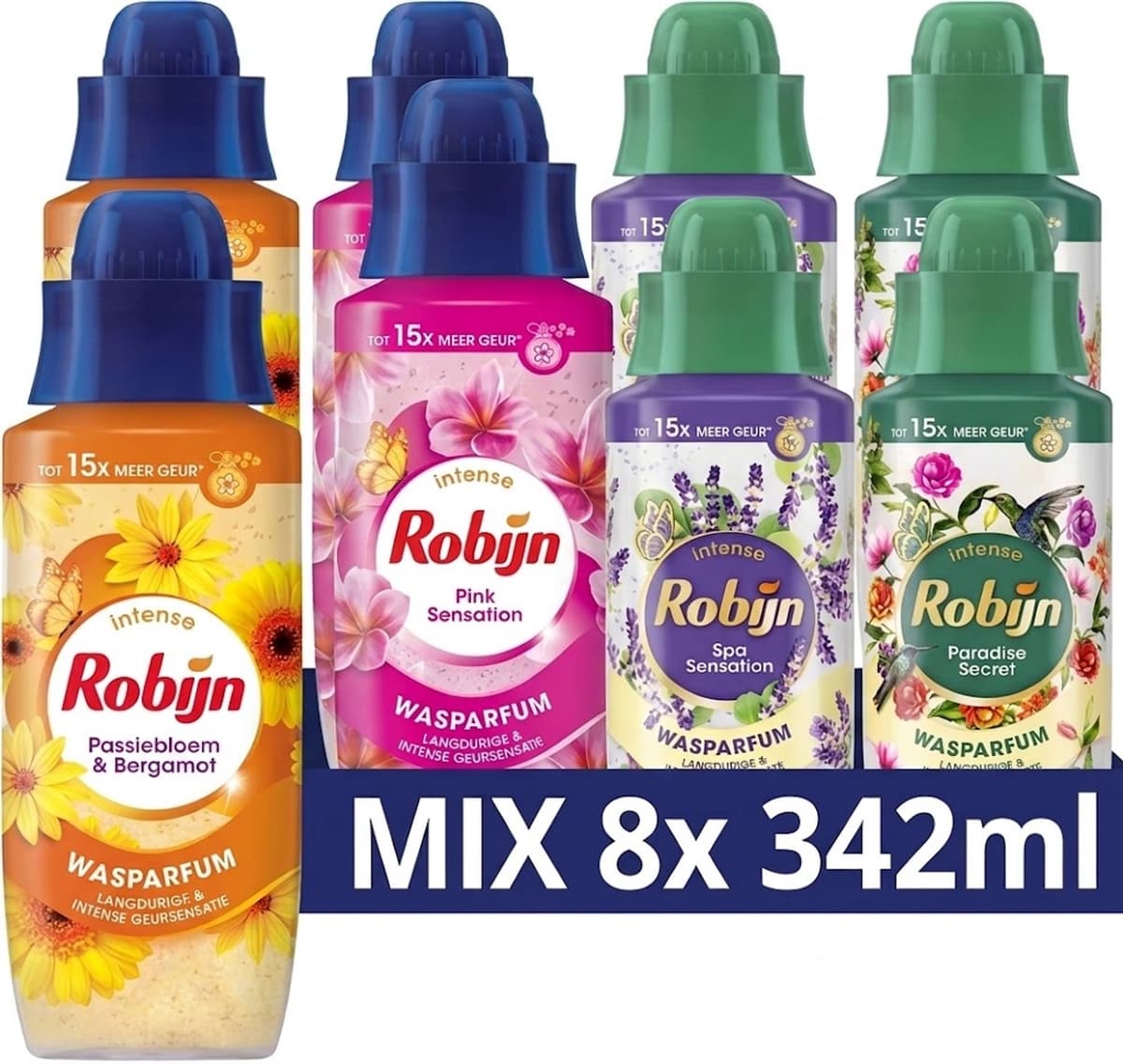 Robijn Wasparfum Mix 8 x 342 ml. - Spa Sensation / Pink Sensation / Passiebloem & Bergamot / Paradise Secret — afbeelding 1