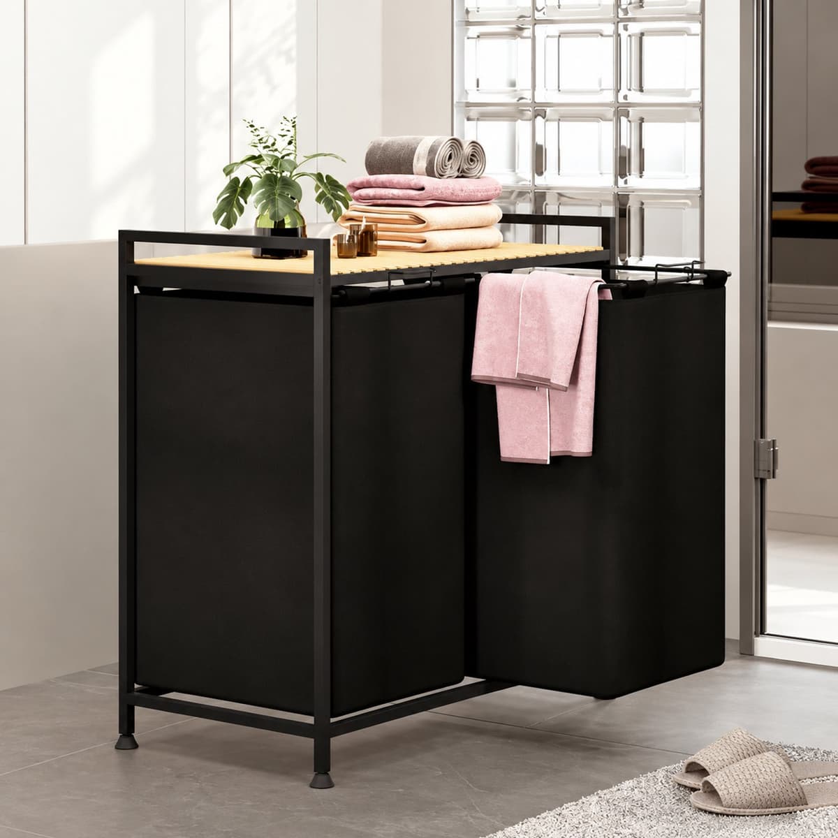 Zeo Wood Wasmand 2 Vakken – 123L Grote Wassorteerder – Dubbele Wasmand met Uitneembare Waszakken – Wasbox met Opbergrek – 66 x 36 x 70 cm – Zwart/Hout — afbeelding 1