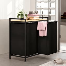 Zeo Wood Wasmand 2 Vakken – 123L Grote Wassorteerder – Dubbele Wasmand met Uitneembare Waszakken – Wasbox met Opbergrek – 66 x 36 x 70 cm – Zwart/Hout — thumbnail 1