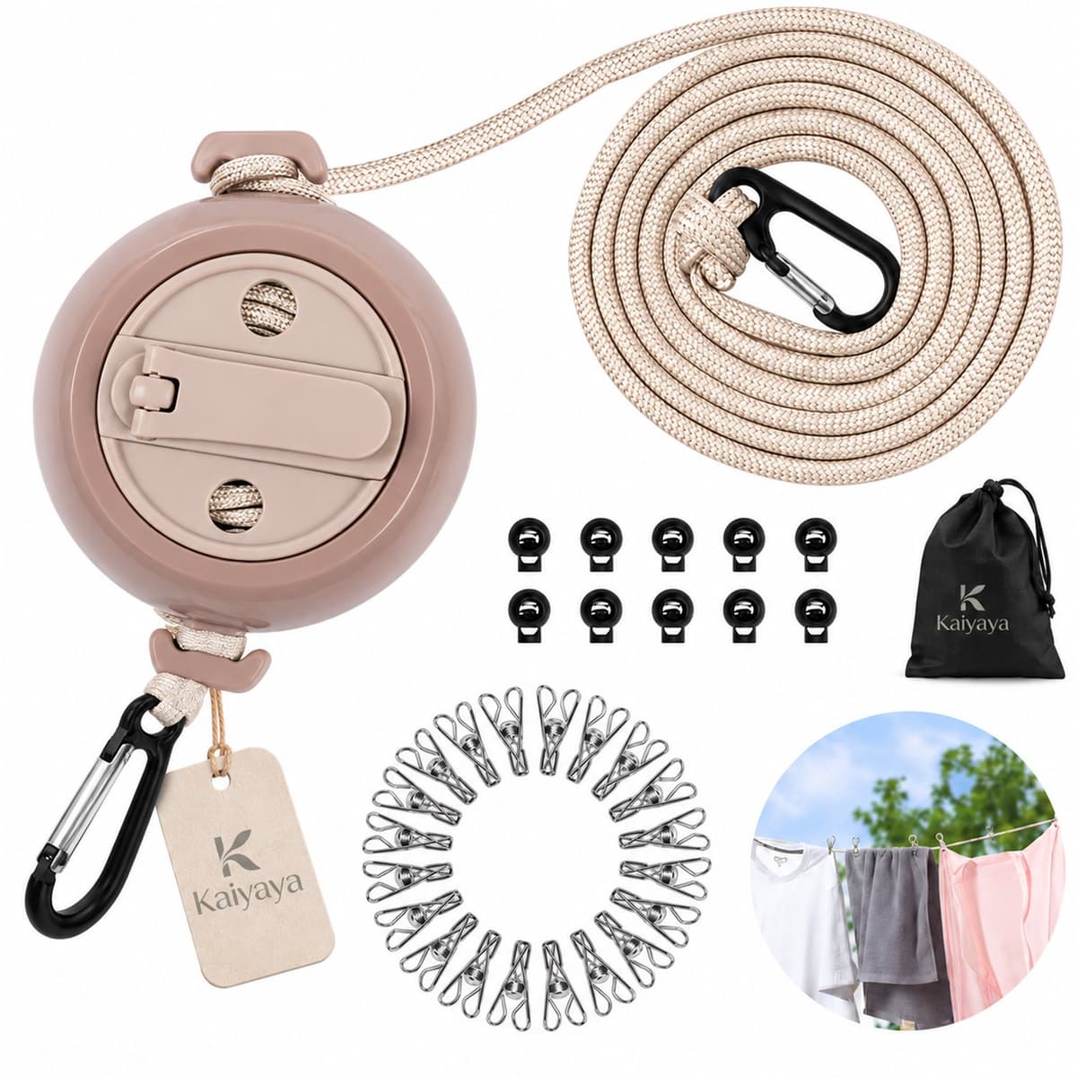 Kaiyaya - 1 stuk Waslijn - 10 meter Uittrekbare waslijn - Beige Oprolbaar - Met wasknijpers en opbergtas - Voor camping, balkon en binnen — afbeelding 1