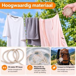 Kaiyaya - 1 stuk Waslijn - 10 meter Uittrekbare waslijn - Beige Oprolbaar - Met wasknijpers en opbergtas - Voor camping, balkon en binnen — thumbnail 3
