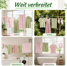2 stuks waslijn, 16 m, antislip waslijn, camping, verstelbare winddichte waslijn met haken voor tuin, reizen, vakantie, camper of caravan (groenblauw-wit, roze-wit) — thumbnail 2