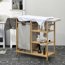 Wasmand, bamboe, wasmand voor vuile was, opbergrek en badkamerrek, met strijkplank, eenvoudig ontwerp, eenvoudig te reinigen, praktisch en decoratief, geschikt voor badkamer, balkon en wasruimte, 113×34×82 cm, houtkleur en grijs — thumbnail 4