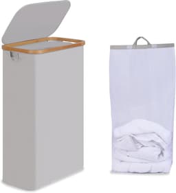 Efluky Wasmand met deksel, 75 l, smalle wasmand met wasbare binnenzak, lichtgrijs wasmand met bamboe handgrepen, opvouwbare wasmand voor waskeuken, slaapkamer, badkamer — thumbnail 1