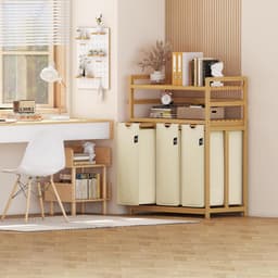 Wasmand 150L met 3 Vakken - Bamboe Wassorteerder met 3 Uitneembare Waszakken en 2 Opbergplanken - Uittrekbaar en Ademend - Voor Badkamer, Wasruimte en Slaapkamer - Beige — thumbnail 5