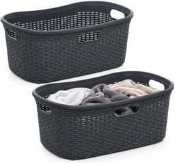 5Five Wasmand van rotan gevlochten - 2x - antraciet - kunststof - 40 liter - 59 x 38 x 27 cm - wasgoed manden — thumbnail 1