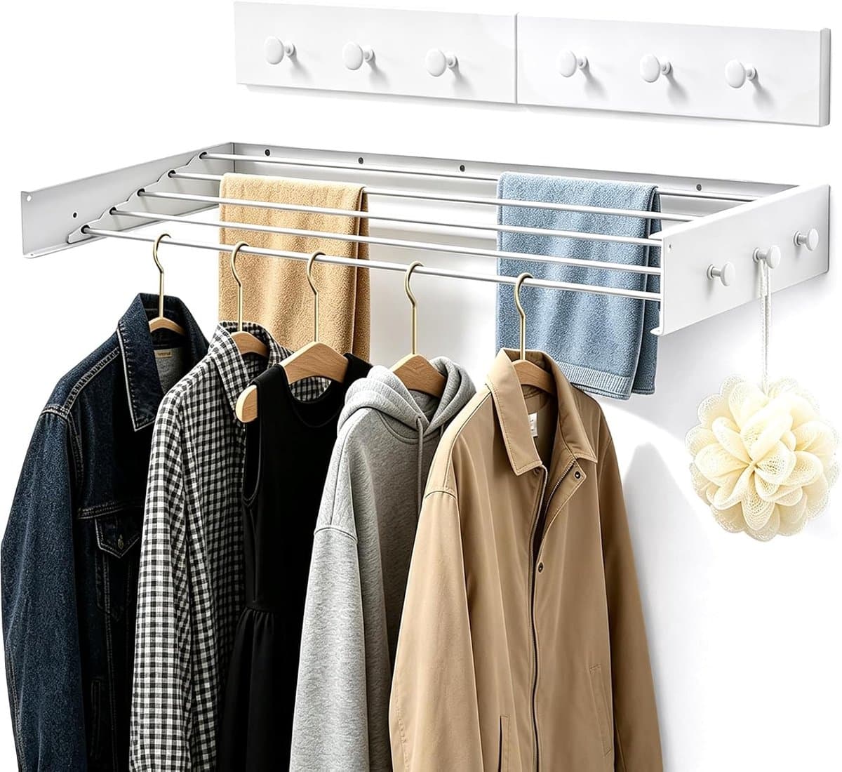 Waslijn Van 80 Cm Voor Wandmontage Met 6 Haken Aluminium Waslijn Voor Balkon Badkamer Of Radiator Onzichtbaar En Ruimtebesparend Draagvermogen Tot 30 Kg wit — afbeelding 1