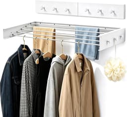 Waslijn Van 80 Cm Voor Wandmontage Met 6 Haken Aluminium Waslijn Voor Balkon Badkamer Of Radiator Onzichtbaar En Ruimtebesparend Draagvermogen Tot 30 Kg wit — thumbnail 1