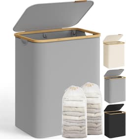 SONGMICS LCB513G01 Wasmand met Deksel, Wasmand met 2 Compartimenten, 130 L, Afneembare Waszak, Oxford Stof, Bamboe Handgrepen, Opvouwbaar, 52 x 38,5 x 70,5 cm, Duif Grijs — thumbnail 1