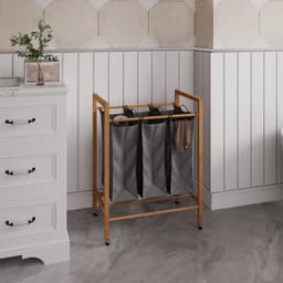 MEUNIQ bamboe wassorteerder met 3 vakken, uitneembare waszakken en wielen – 90 liter wasmand voor badkamer, slaapkamer of wasruimte – antraciet/naturel — thumbnail 3