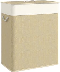 Wolcky - Dubbele Wasmand 100 Liter met 2 Vakken – Bamboe Wasmand met Deksel – Uitneembare Waszakken – Touwhandvatten – Crème — thumbnail 1