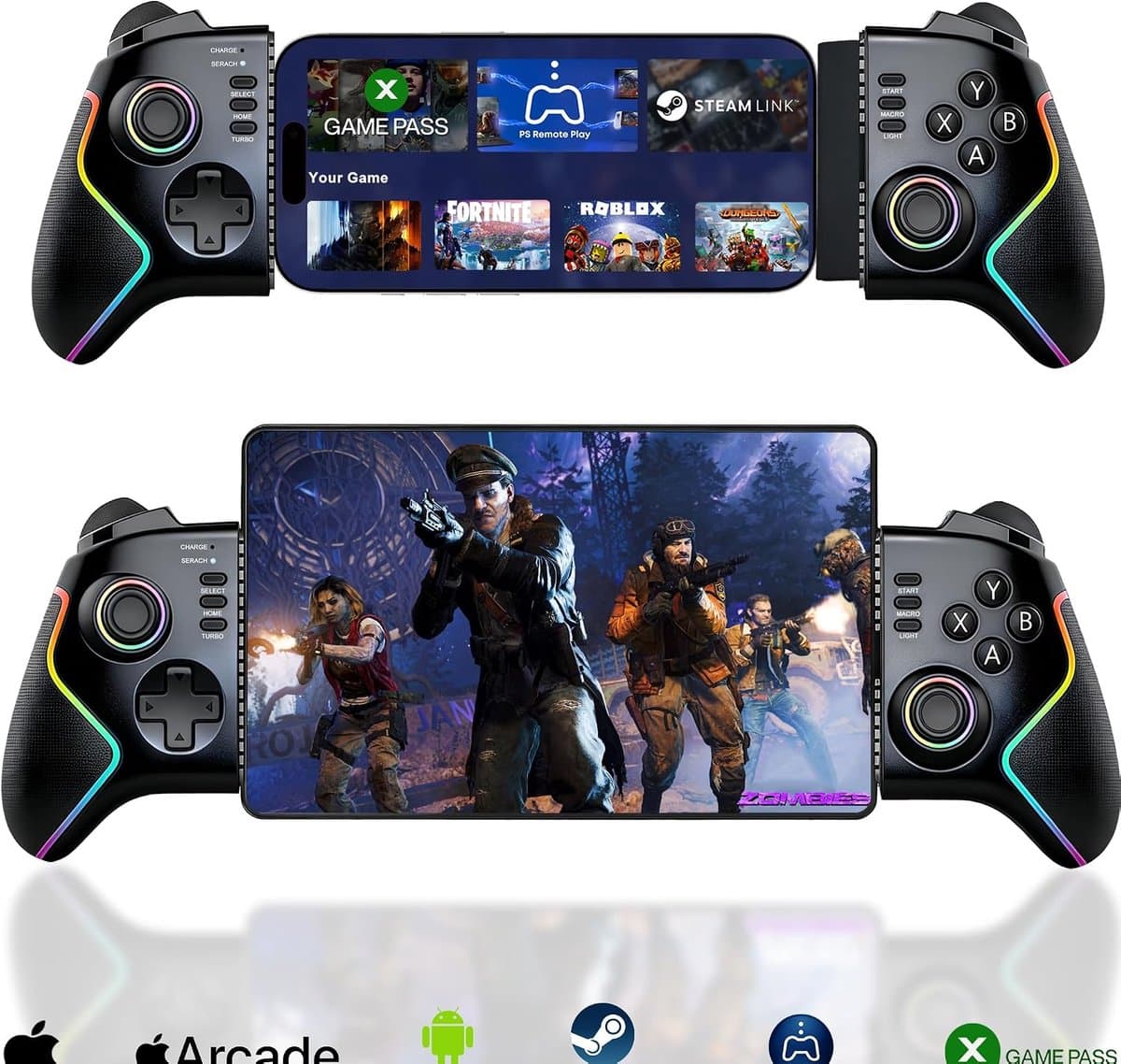 Gamecontroller voor iPad/tablet (tot 13 inch) met hall‑effect‑joysticks en‑triggers, macro‑functie, turbo‑functie, rgb‑verlichting, remote‑play‑controller voor PS5/PS4/pc/Xbox — afbeelding 1