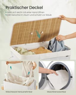 SONGMICS Wasmand met deksel, 3 compartimenten, 170 liter, bamboe wasmand, opvouwbare waszak, afneembaar en machinewasbaar, met handgrepen, voor wasruimte of slaapkamer, wit – LCB013W01 — thumbnail 3