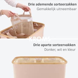 KROMS Wasmand 3 vakken - Zand - Inclusief NL & ENG Labels - Wassorteerder bamboe - Laundry basket - Wasmand met deksel -145 L — thumbnail 4