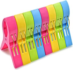 Strandlaken Knijpers - 8 Stuks - Grote Handdoek Klemmen - Badlaken Clips - Wasknijper - Dekbedhoes - Gekleurde grote kunststof handdoek/strandlaken knijpers 12 cm - Badlaken/strandlaken klemmen - Blauw, groen, geel, roze — thumbnail 1